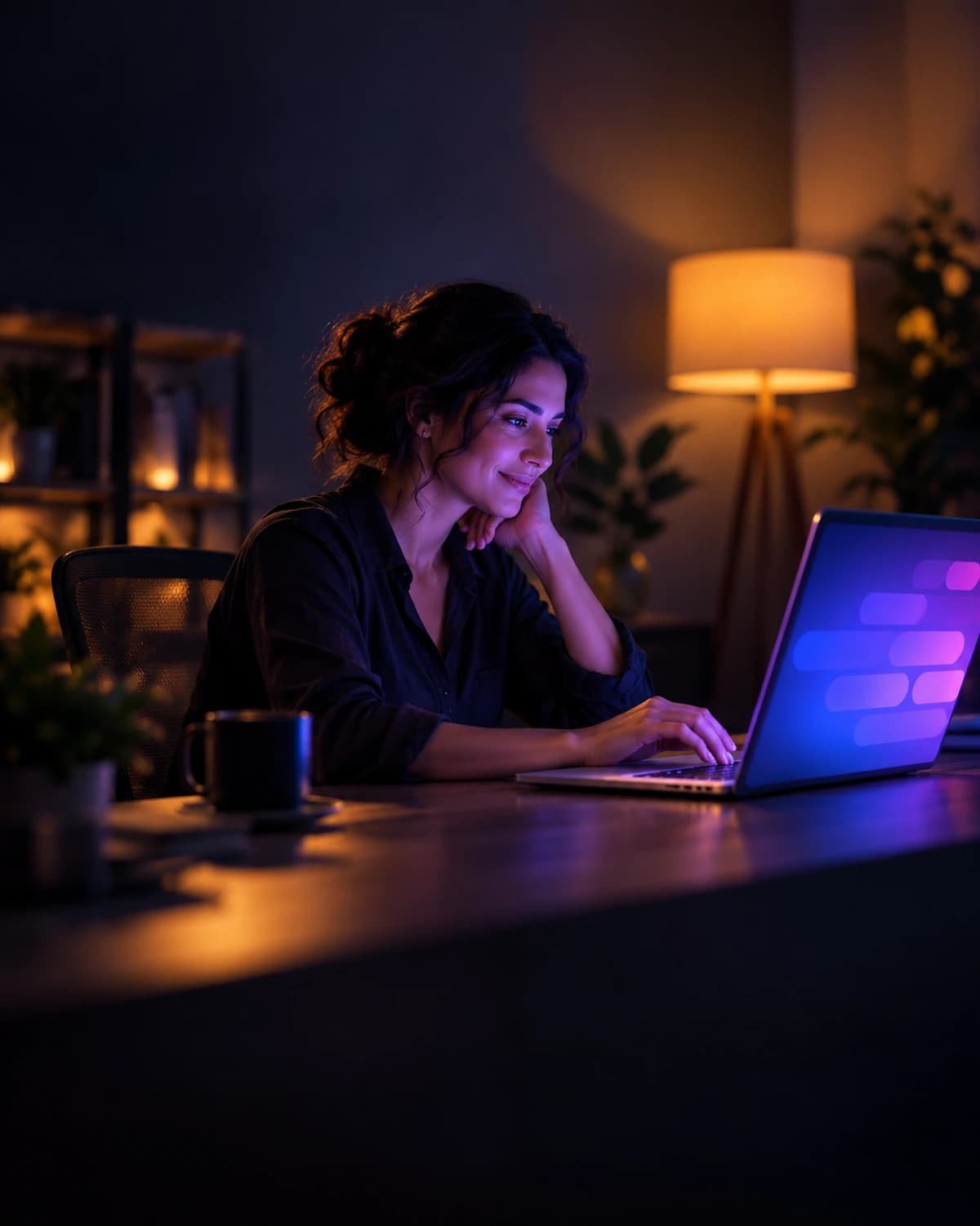 A recruiter at a laptop in a calm office after hours