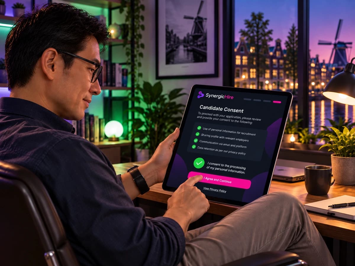A person reading a consent notice on a tablet
