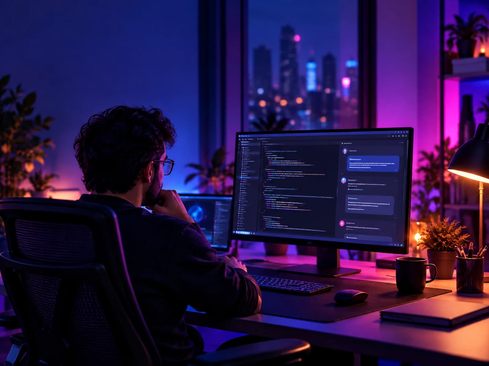 An engineer at a desk working through a problem with an AI assistant on screen